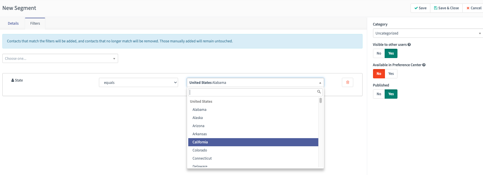 Screenshot showing Segment filters.
