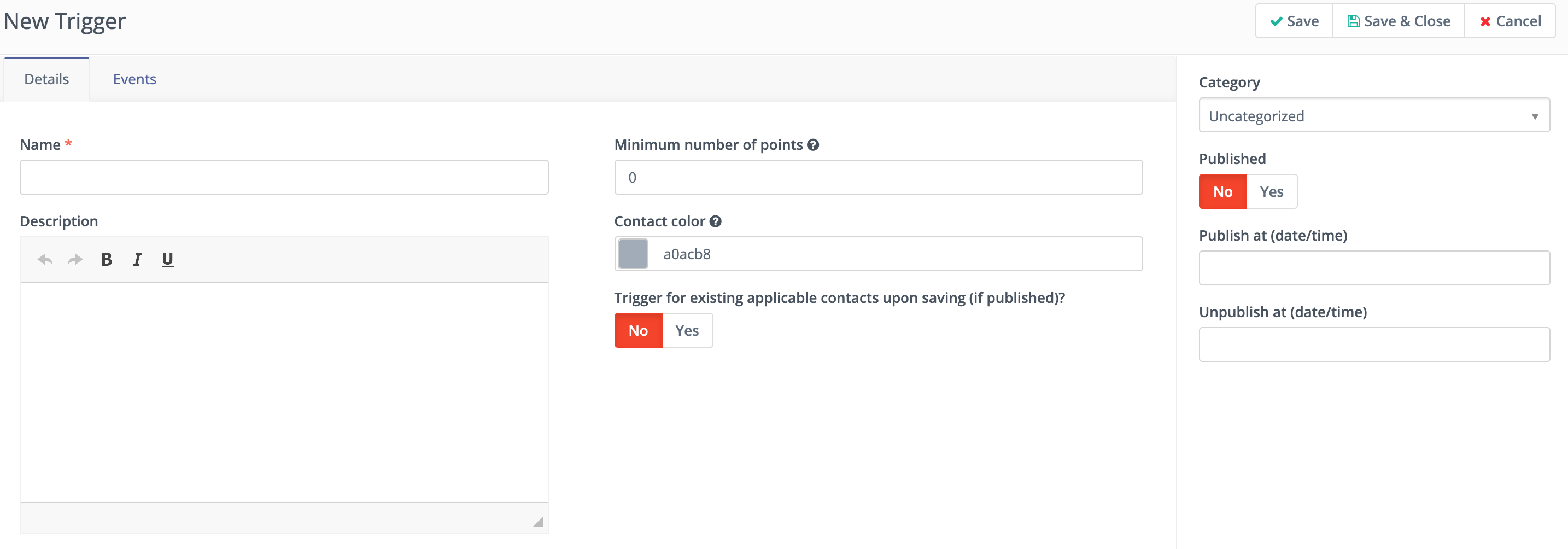 Screenshot of Points trigger