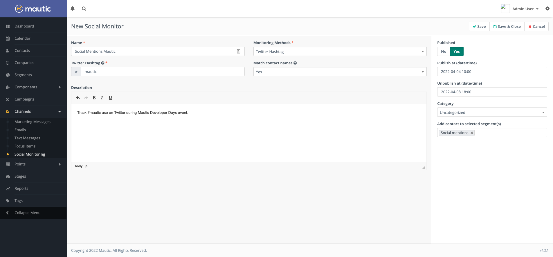 Screenshot showing the creation of a new Twitter Hashtags Social Monitor.